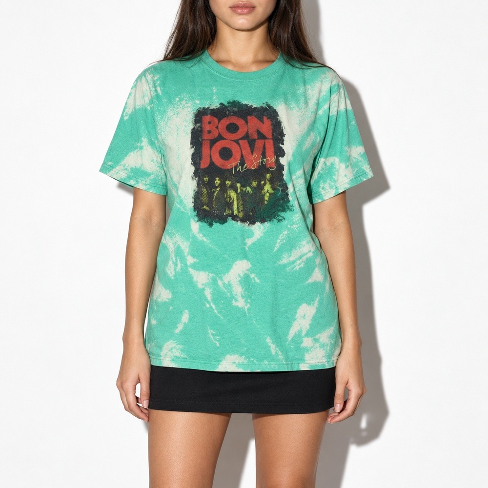 Bon Jovi T Shirt The Story Womens L Tie Dye Graphic Tee Teal Green White Band